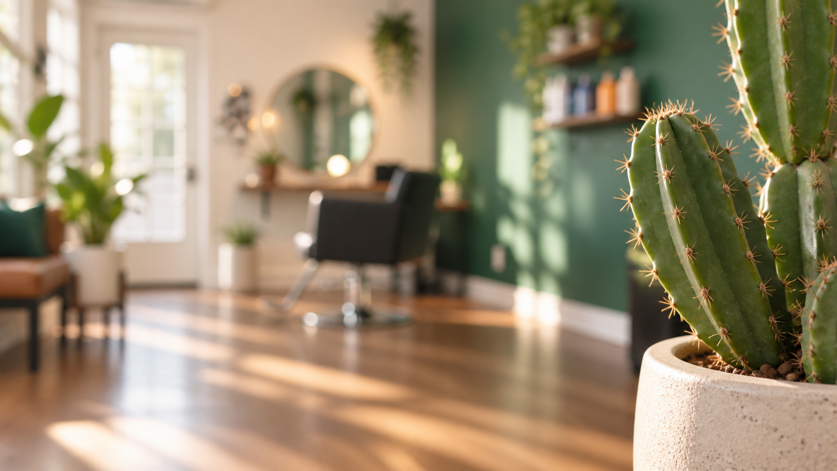 Top Knot's current private Portland salon with its dark green wall